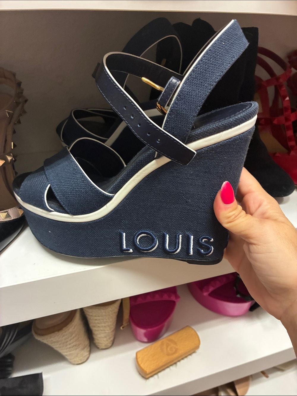 Louis Vuitton Navy and White Platform Wedge Sandals